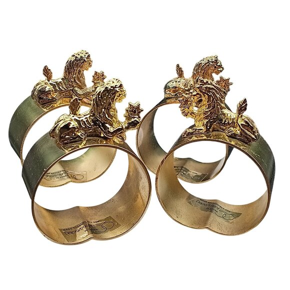 Set Of 4 Vintage Gold-Plated Brass Napkin Rings with Regal Foo Lion Design Dept - Picture 1 of 2